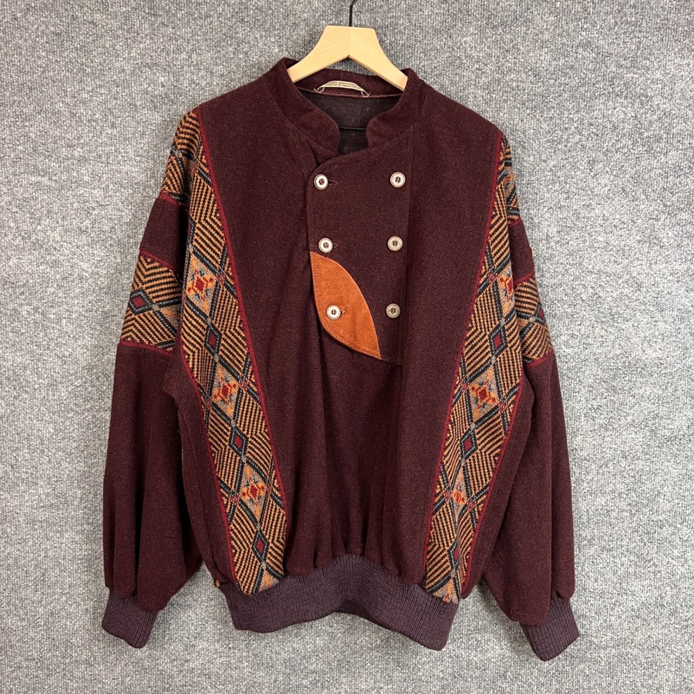 Vintage Sondre‎ Pullover Sweater Mens Size M Aztec Wool Blend Button Mock Neck
